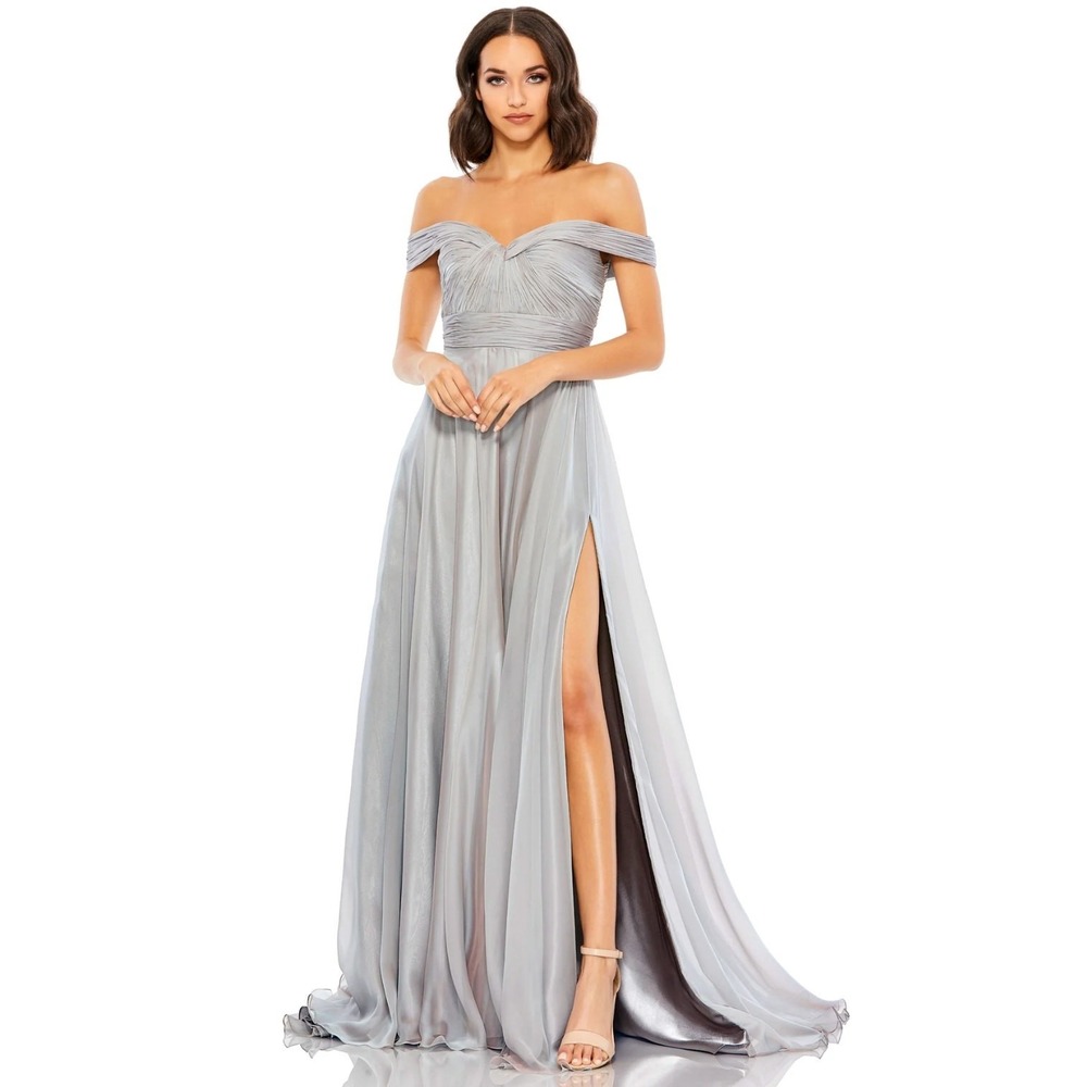 Mac Duggal Off Shoulder Gown 10 Pearl Gray Chiffon Satin Gala